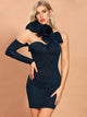 Navy Blue Ruffle One Shoulder Glitter Bodycon Dress
