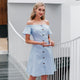 Sexy Off Shoulder Striped Women's Elegant Buttons Sundress Summer Style A-line Midi Dress