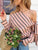 Striped Chiffon One Shoulder Blouse Shirt - Blue/Pink