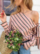 Striped Chiffon One Shoulder Blouse Shirt - Blue/Pink