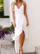 White Ruffle Midi Dresses With Back slit