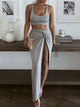 Two Piece Suit Split Knot Dress - Grey/Orange