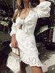 Spoiled V Neck Hollow Out Cotton Dress - White