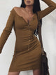 Knitted Solid Color Square Neck Bodycon Dress - Black/Brown