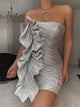 Sequin Ruffle Short Mini Dress - Silver