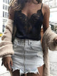 Satin Lace Splice Camis Tops - Black