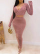 Two Set Piece V-Neck High Waist Bodycon Dress - White/Pink