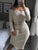 Knitted Off Shoulder Bodycon Dress - Beige
