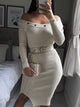 Knitted Off Shoulder Bodycon Dress - Beige