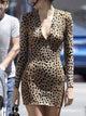 Sexy V Neck Leopard Print Short Dress - Khaki