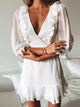 Short V Neck Ruffle White Chiffon Dress