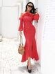 White Dot Fishtail Chiffon Midi Red Dress