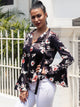 Floral Sexy Lace Up Blouse Tops - Black