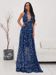 Halter Long Backless Blue Leopard Dress