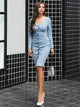 Long Sleeve Button Blue Casual Dress