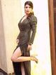 Long Sleeve Sequin Brown Party Dress With Slit