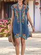 Bohemian Embroidery Blue Short Dress