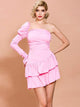 Strapless One Sleeve Ruffle Cute Pink Tight Mini Dress