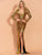 V-Neck Long Sleeve Maxi Golden Dress With Side Split