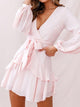Pink Puff Sleeve Ruffle Dress With Waist-Tie