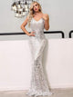 Silver Sequin Mermaid Backless Maxi Dress