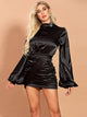 Lantern Puff Sleeve Turtleneck Pleated Satin Black Dress