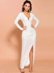 V-Neck Long Sleeve Diamond Maxi Prom Dress