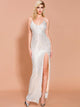 Silver Sequin Sling Long Prom Dress