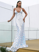 Deep V Cross-Strap Silver Sequin Long Prom Dress