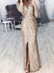 High Split V Neck Long Sleeves Glitter Evening Gown Dress