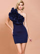 One Shoulder Sleeveless Flower Dark Blue Mini Dress