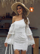 One shoulder Ruffles Sleeve White Lace Short Dress