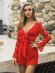 Short Tie-Front Hallow Flare Sleeve Red Jumpsuits