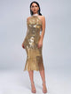 Halter Gold Sequin Tassel Midi Pary Dress