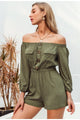 Women's Casual Off Shoulder Playsuit Lantern Sleeve Buttons Pocket Rompers Spring Jumpsuit