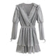 V-neck Silver Women's Long Sleeve Elegant Spring High Waist Party Club Chic Mini Dresses