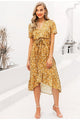 Women's Polka Dot Ruffled Short Sleeve V-neck Boho Summer Puff Sleeve Button Bow Midi Dress