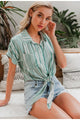 Sexy Striped Green Half Sleeve Vintage Boho Summer Holiday Beach Style Women's Blouse Shirt