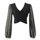 Backless Black Mesh Long Sleeve Dot Spring Summer Sexy Party V-neck Women's Blouse Shirt