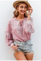 Ruffled V-neck Women's Flower Print Hollow Out Lantern Sleeve Lace-up Casual Blouse Shirt