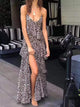 Leopard Corset-Tie-Back Ruffle Long Chiffon Dress
