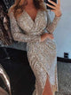 Long Sleeve Sequin High Split Party Dress