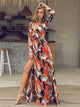 V Neck Print Long Sleeve Beach Dress