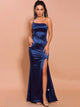 Elegant Blue Satin Long Dress With Side Split