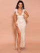V Neck Feather Shining Gold Prom Dress