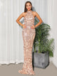 Elegant Halter Rose Gold Sequin Prom Dress