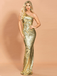 Shiny Gold Sequin One Shoulder Long Party Dress