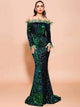 Off Shoulder Feather Sequin Green Party Dress