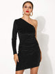 One Sleeve Drill Beads Short Black Dress