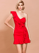 One Shoulder Sleeveless Ruffle Short Red Party Dress